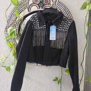 Black Studded Fringe Women's Jacket
